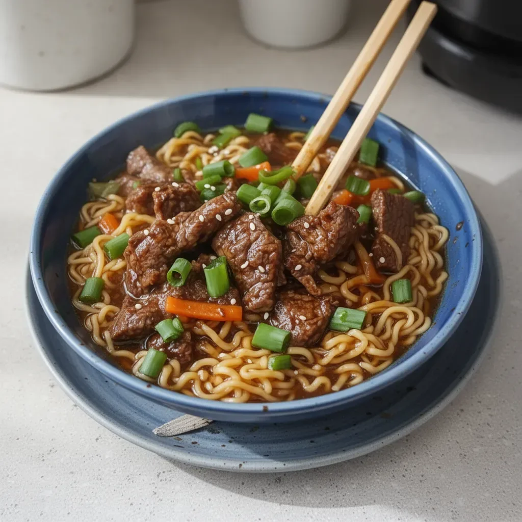 Bowl of slow cooker beef ramen noodles topped with green onions and soft-boiled egg