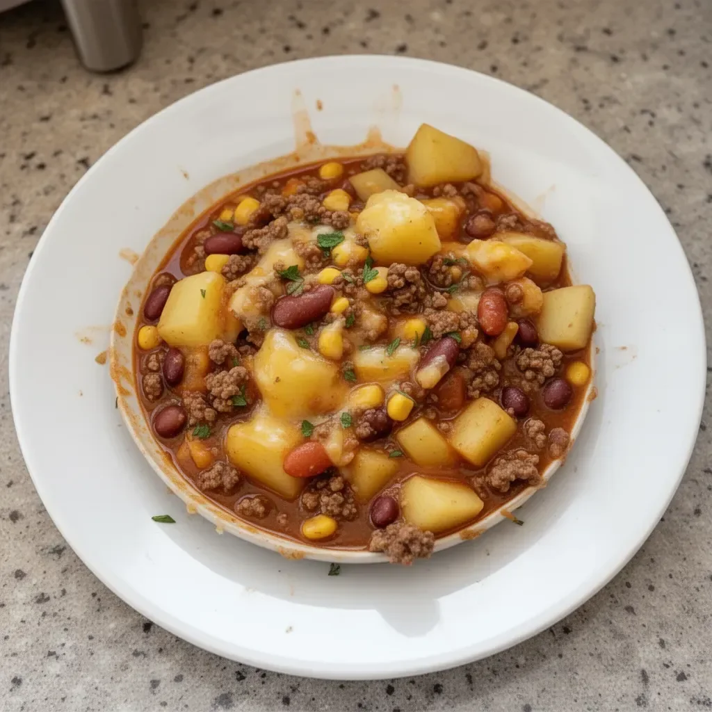 Delicious Slow Cooker Cowboy Casserole served in a bowl, garnished with herbs.