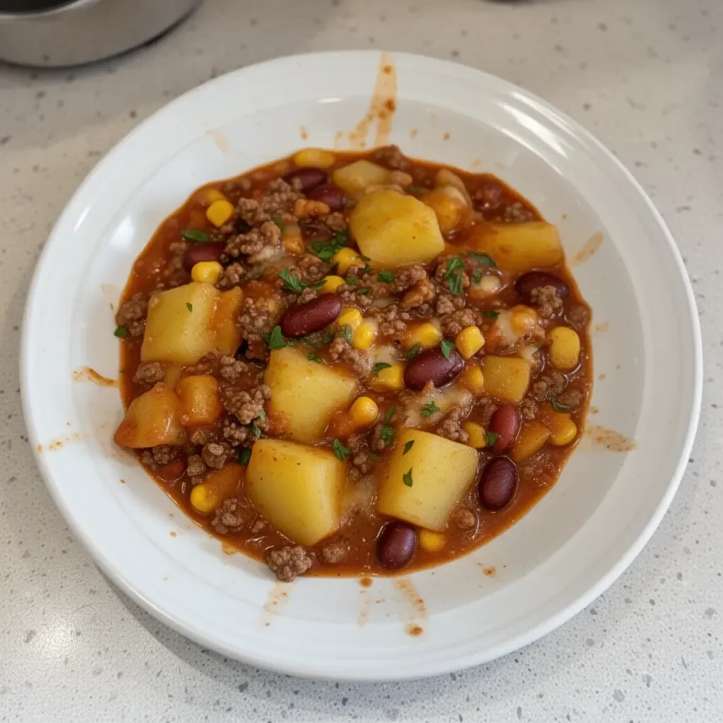 A hearty bowl of slow cooker cowboy casserole with beans, corn, and ground beef