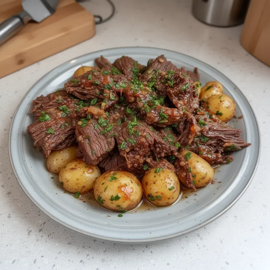 Slow Cooker Garlic Butter Beef with Potatoes served in a bowl