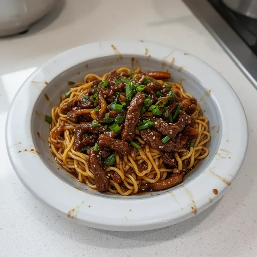Delicious and sticky beef noodles served in a bowl with chopsticks