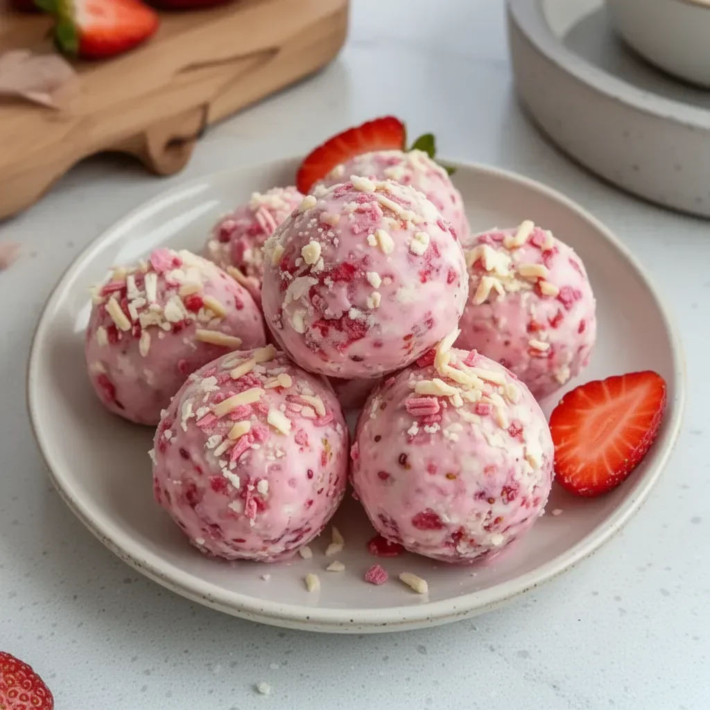 Strawberry cheesecake protein balls on a white plate with fresh strawberries