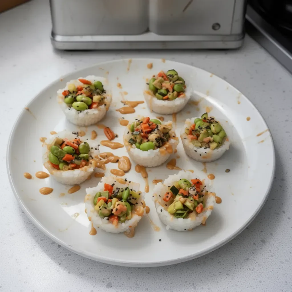 Delicious sushi cups filled with fresh ingredients for a quick meal.