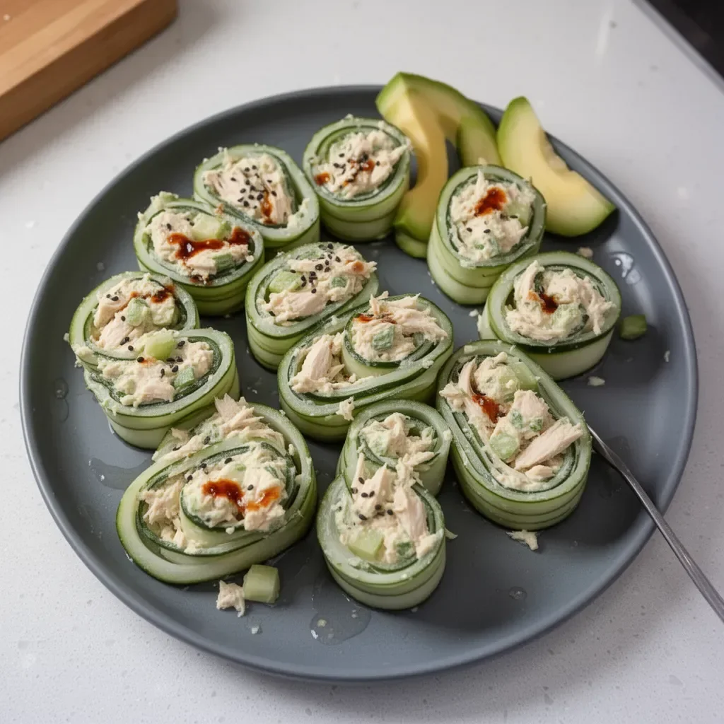 Tasty chicken salad cucumber roll ups on a serving platter