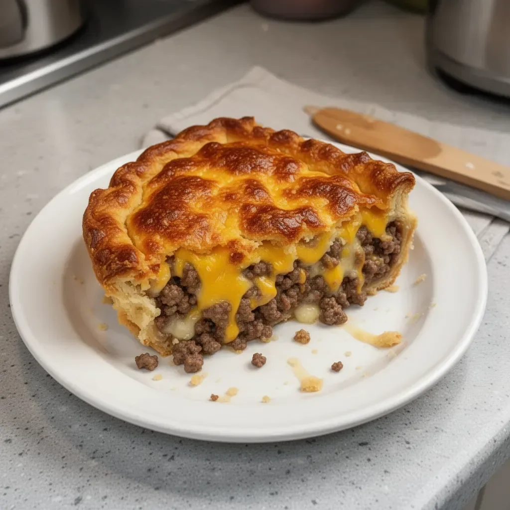 Delicious homemade cheeseburger pie served in a pie dish with toppings.