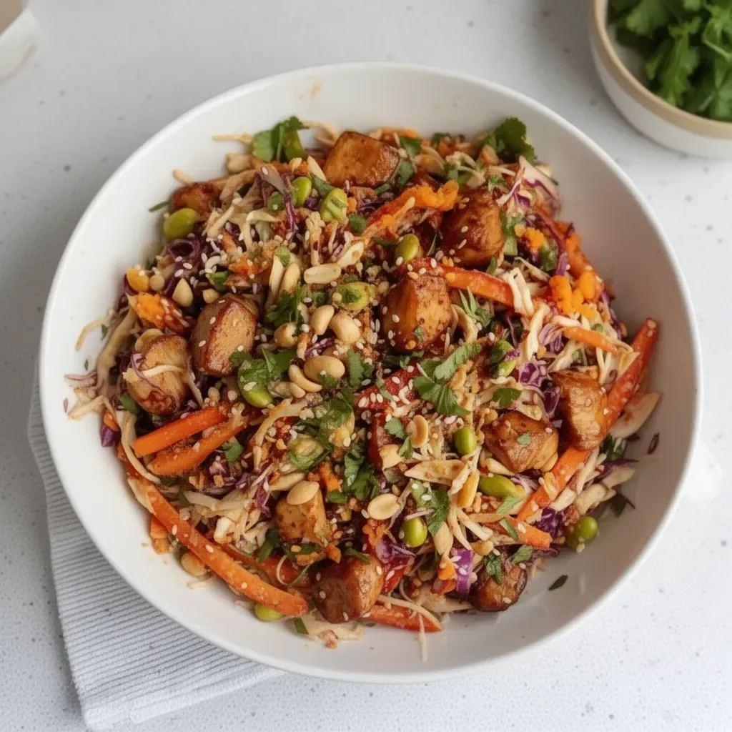 Delicious Asian Chicken Crunch Salad with vegetables and sesame dressing.
