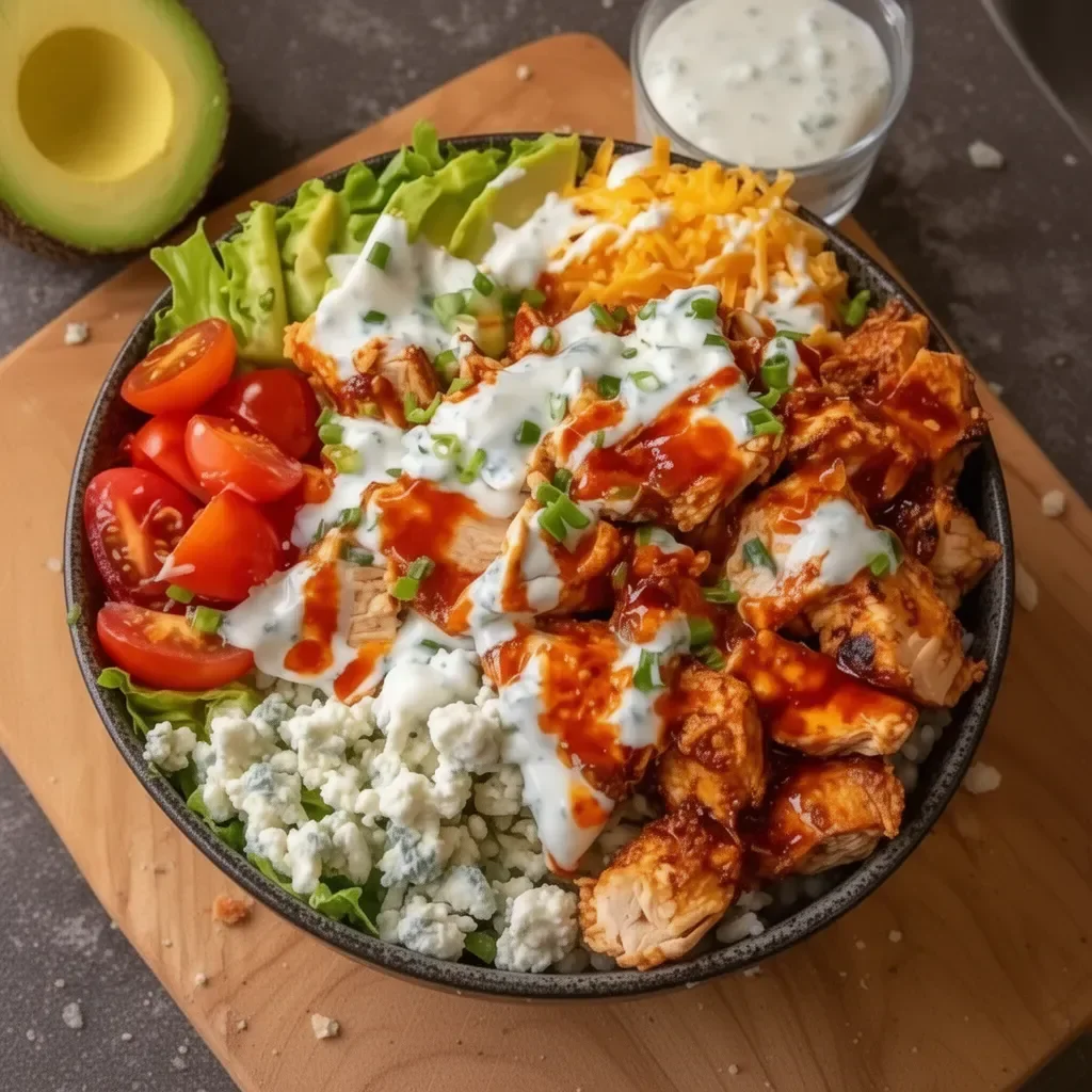Delicious Buffalo Chicken Protein Bowl with fresh vegetables and seasonings