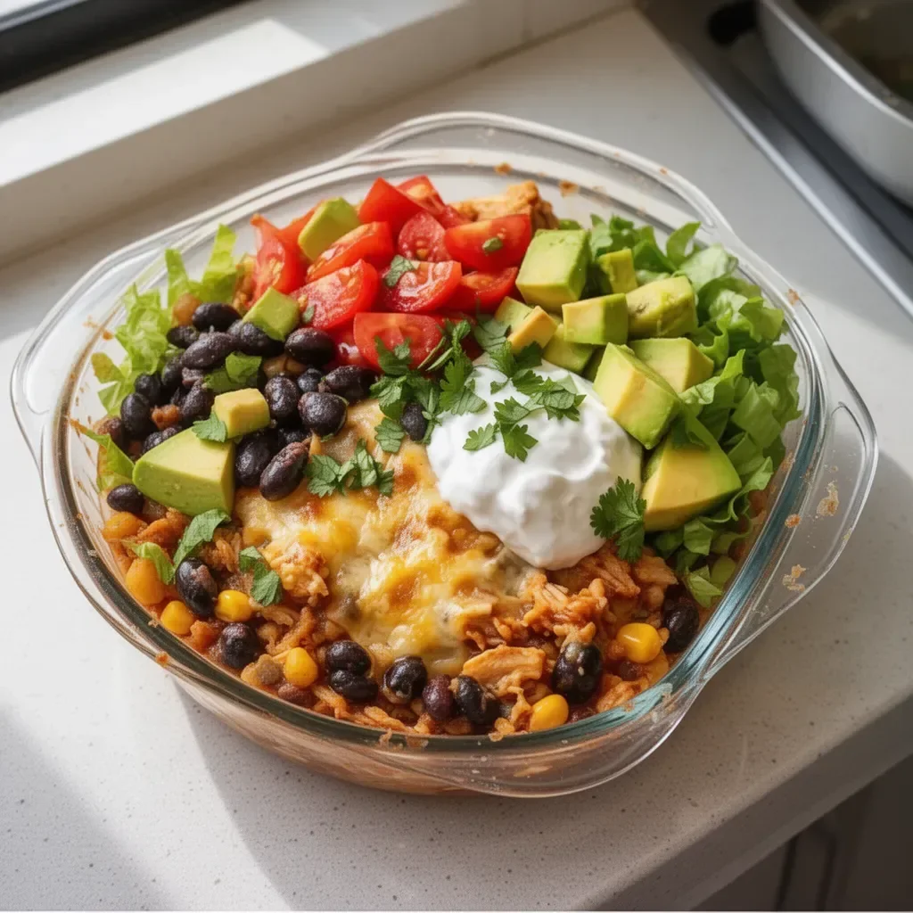 Delicious Chicken Enchilada Bowl with chicken, sauce, and fresh toppings