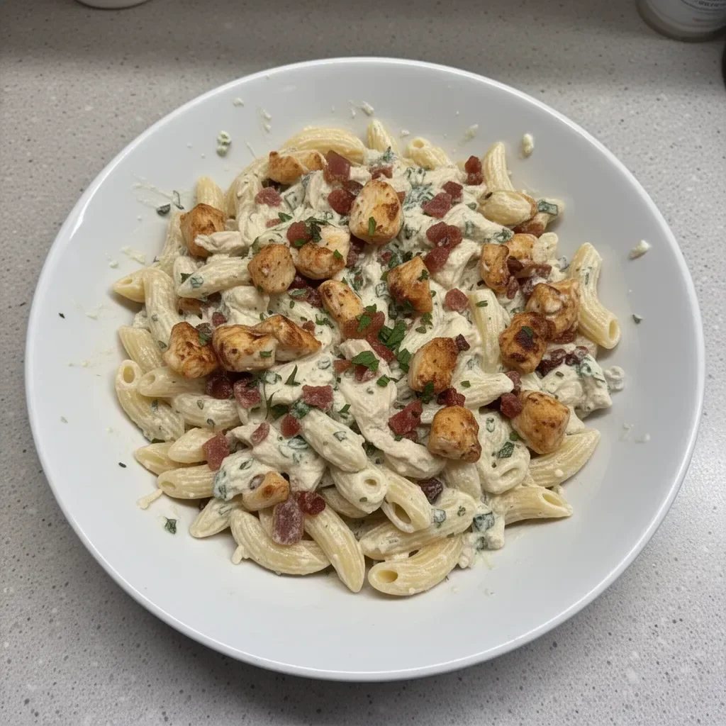 Creamy chicken bacon ranch pasta dish garnished with parsley on a white plate