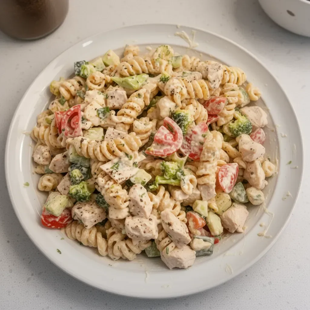 Creamy high-protein pasta salad with chicken and colorful vegetables.