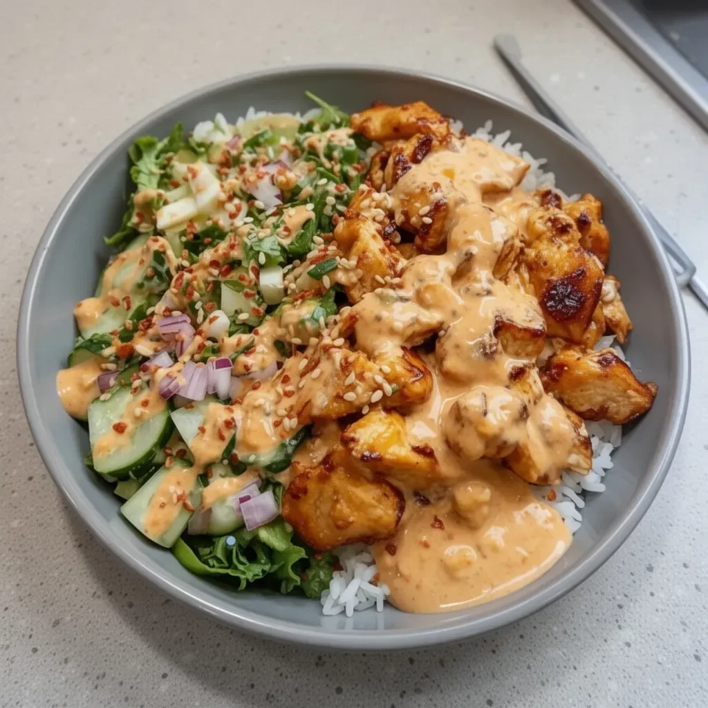 Crispy chicken with creamy spicy sauce and jasmine rice on a plate