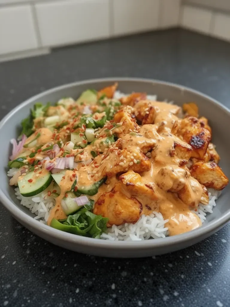 Crispy Chicken with Creamy Spicy Sauce and Jasmine Rice