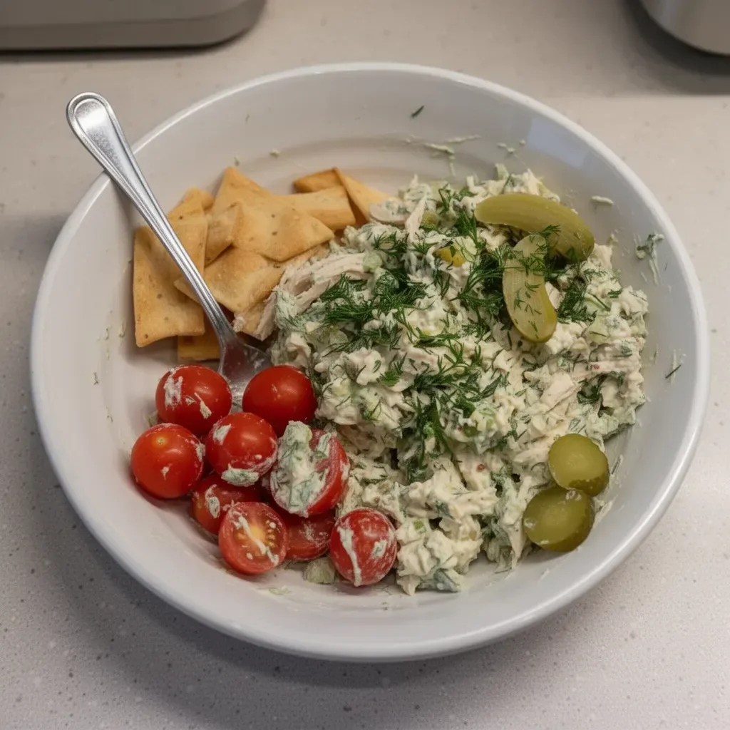 Easy dill pickle chicken salad recipe high in protein and low in carbs