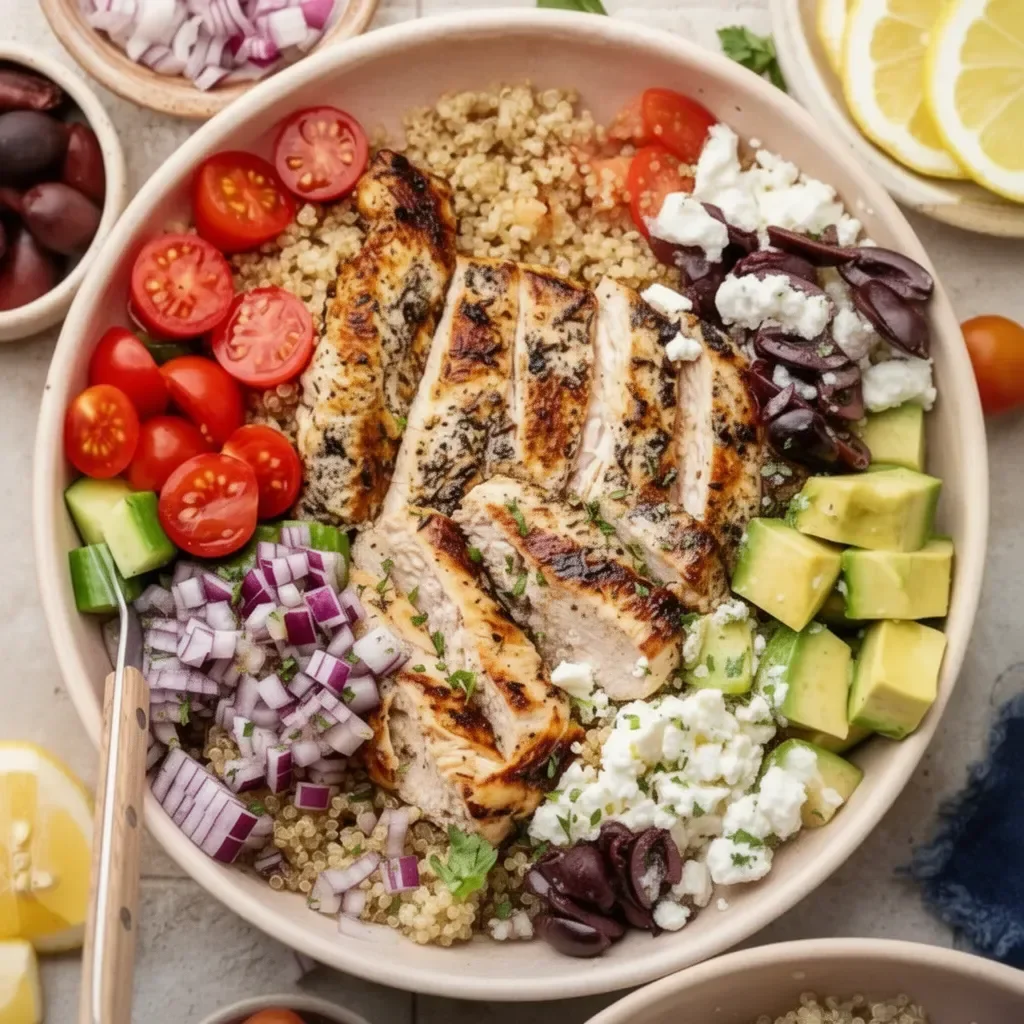 Delicious Greek Chicken Quinoa Bowl topped with fresh vegetables and feta cheese.