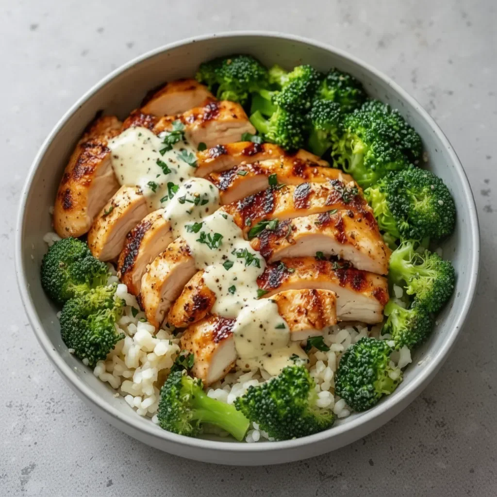 Grilled chicken and broccoli bowls with creamy garlic sauce, ready in 30 minutes