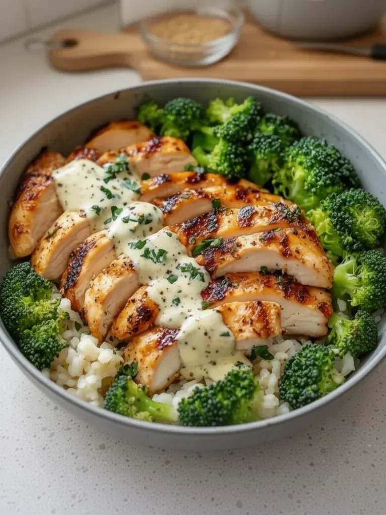 Grilled Chicken & Broccoli Bowls with Creamy Garlic Sauce in 30 Minutes