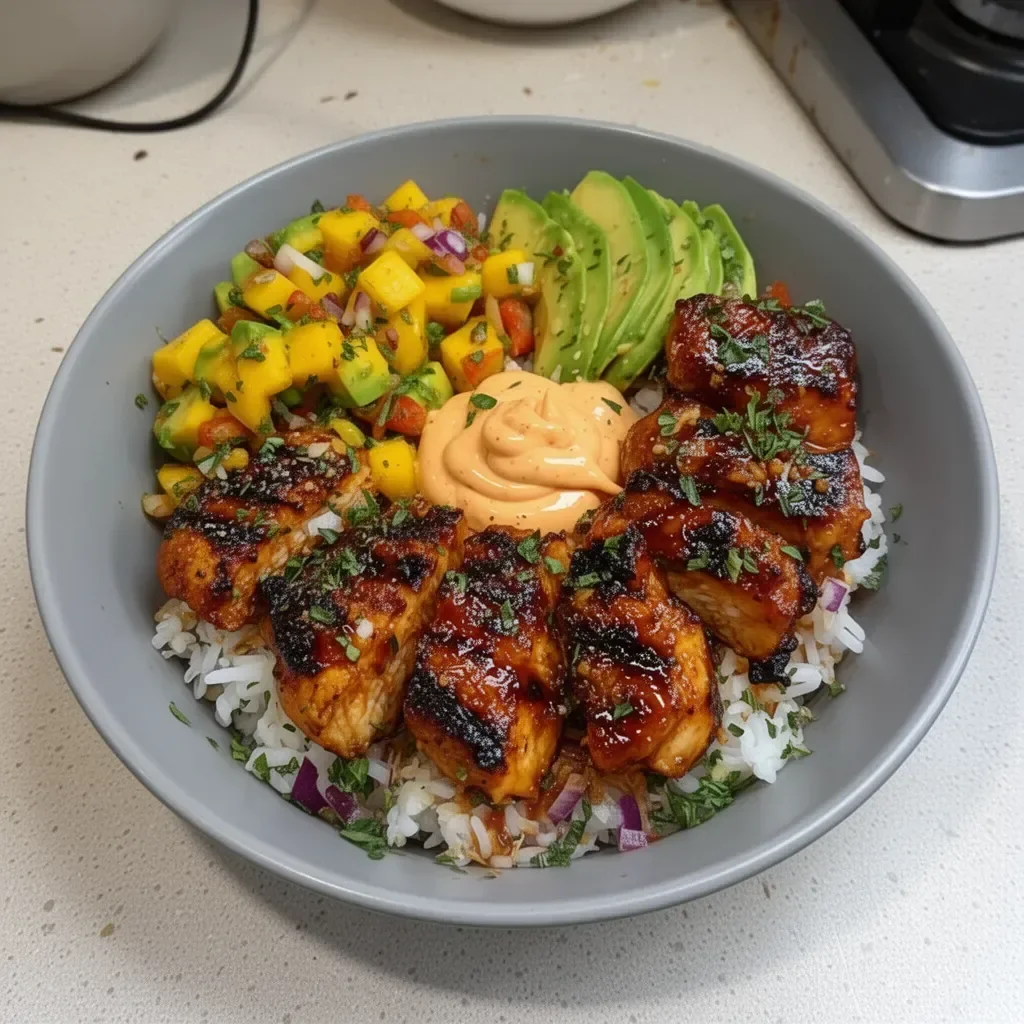 Grilled maple sriracha chicken bites served with coconut rice and mango avocado salsa