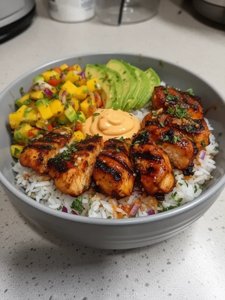 Grilled Maple Sriracha Chicken Bites with Coconut Rice and Mango Avocado Salsa Bowl with Chili Mayo