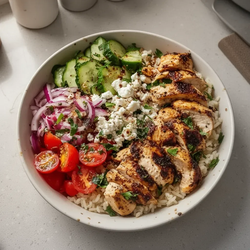 Colorful healthy Greek chicken bowls with fresh ingredients and dressing