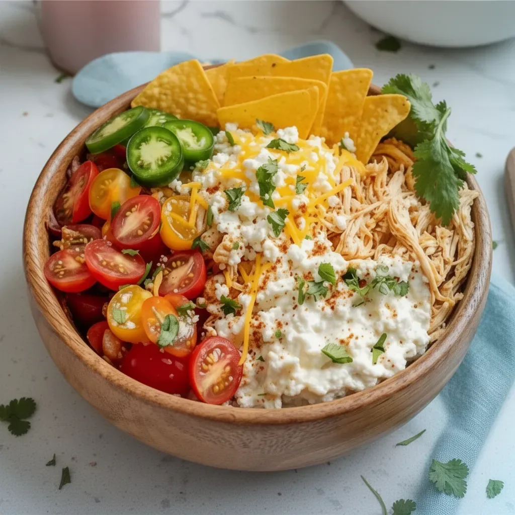 High protein cottage cheese chicken taco bowl topped with fresh ingredients