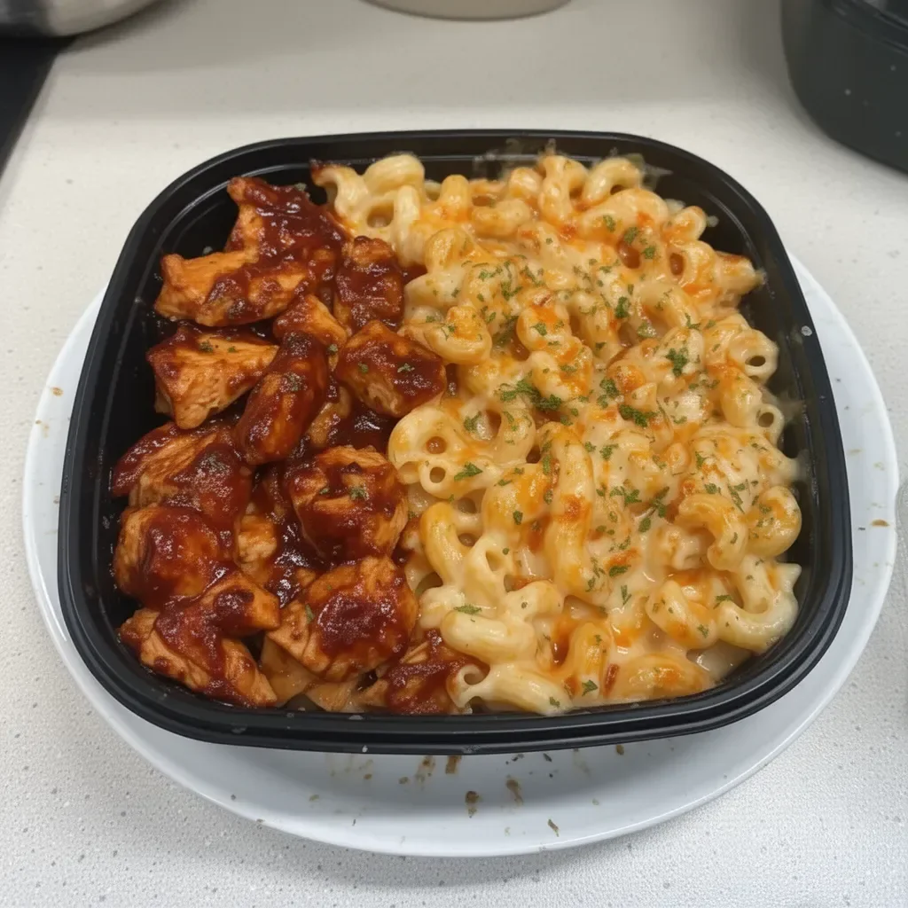 High Protein Honey BBQ Chicken Mac and Cheese meal prep in a bowl