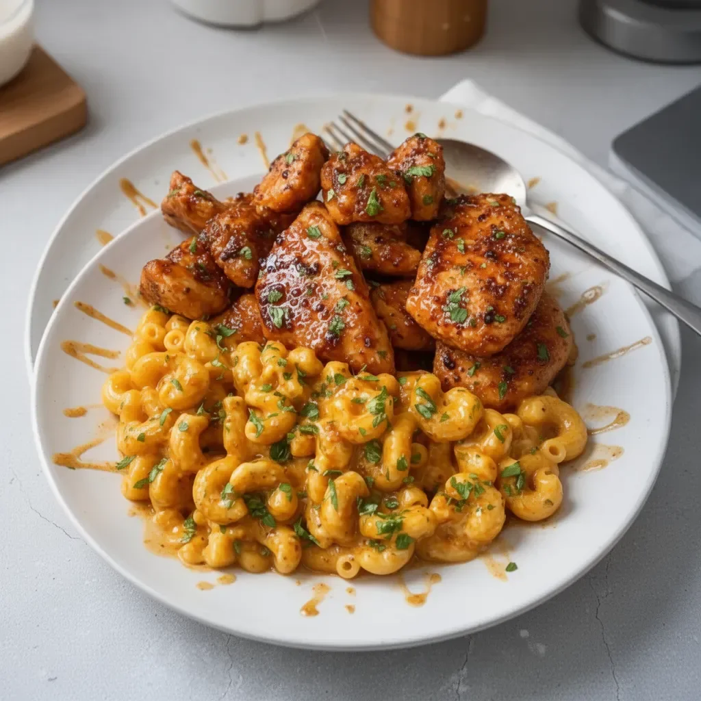 High-protein honey garlic butter chicken served with creamy mac and cheese