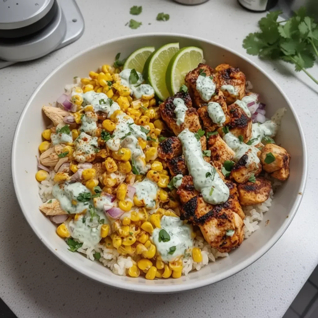 Colorful high-protein street corn chicken bowls with fresh ingredients