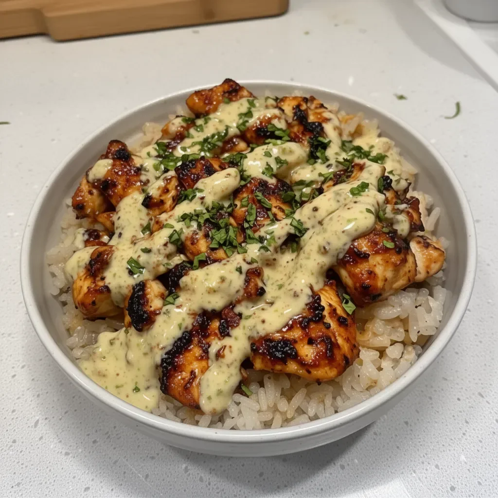 Honey Sriracha Chicken Rice Bowl with Creamy Lime Sauce garnished with lime
