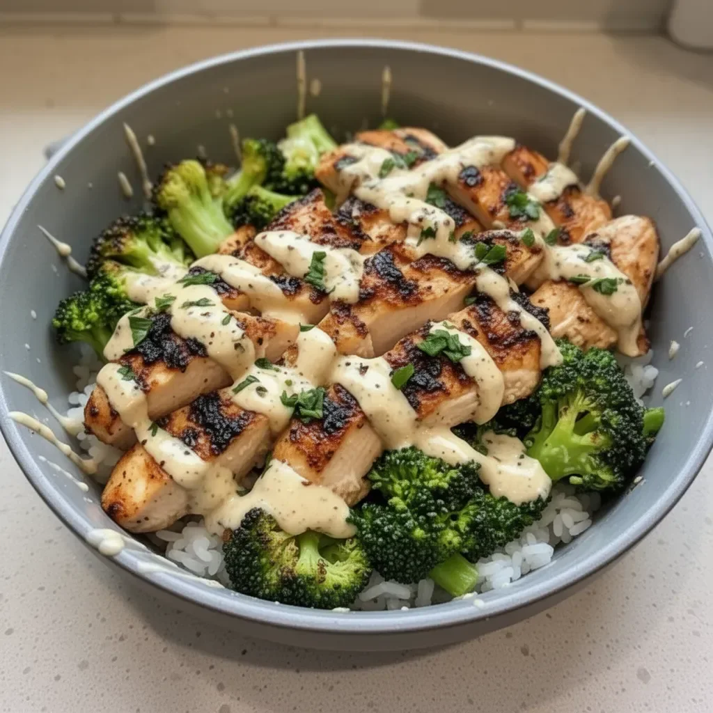 Grilled chicken bowl with broccoli and creamy garlic sauce