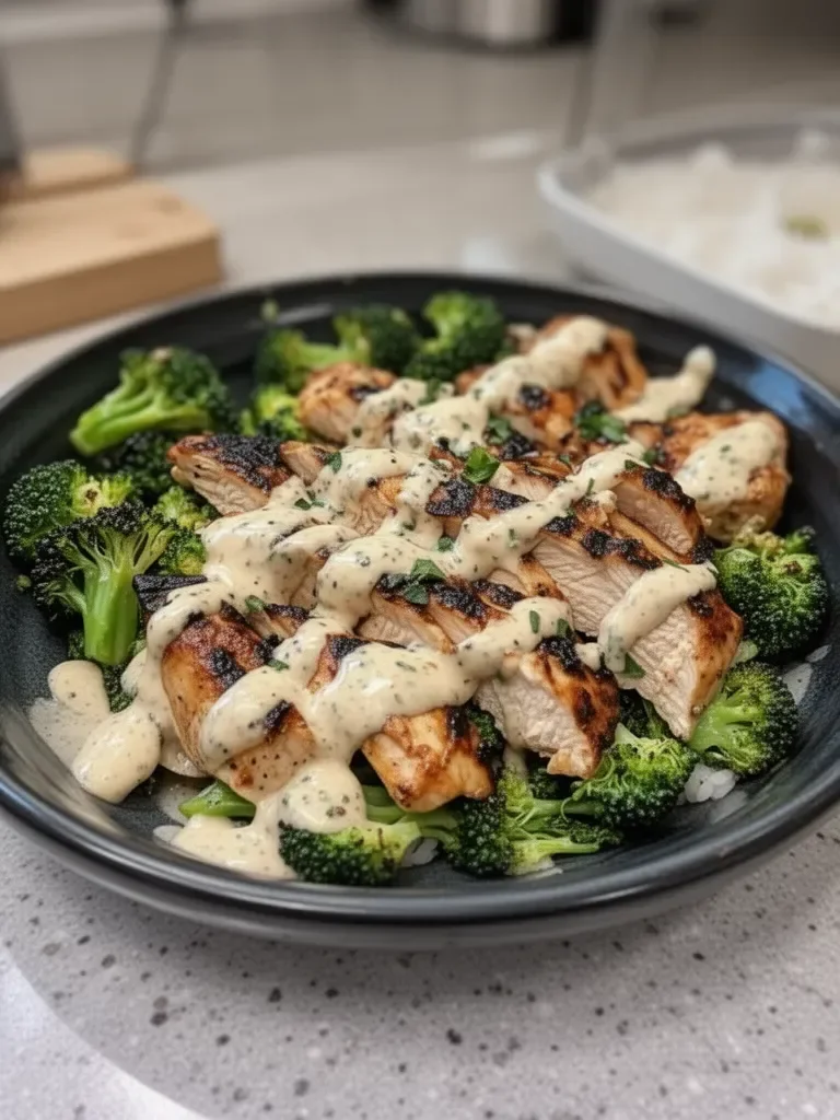 How to Make Grilled Chicken & Broccoli Bowls with Creamy Garlic Sauce