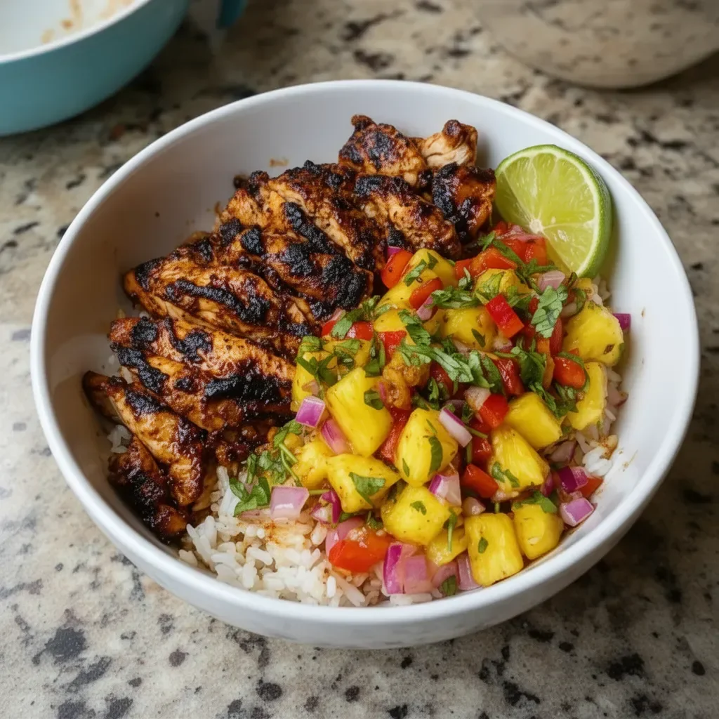 Jerk Chicken Bowl garnished with pineapple salsa for a burst of flavor.