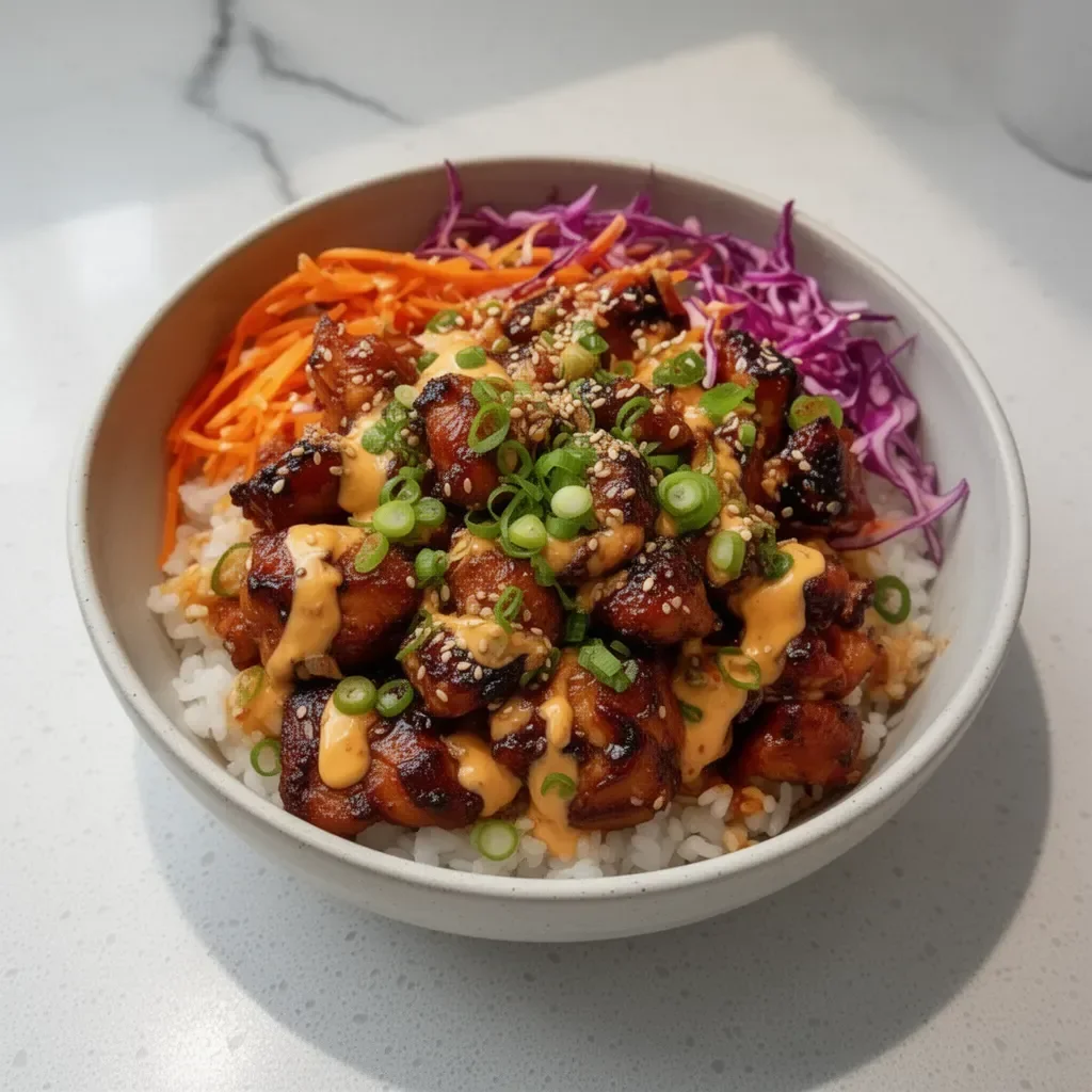 Delicious Korean BBQ Chicken Bowl served with rice and vegetables