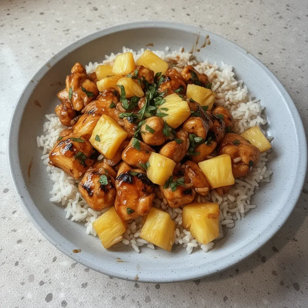 Delicious Pineapple Chicken served with rice, showcasing sweet and savory flavors.