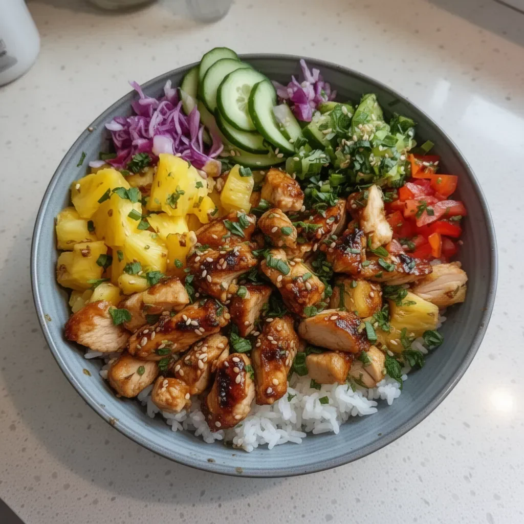 Pineapple Chicken Rice Bowl with chicken, pineapple, and rice garnished with fresh herbs.