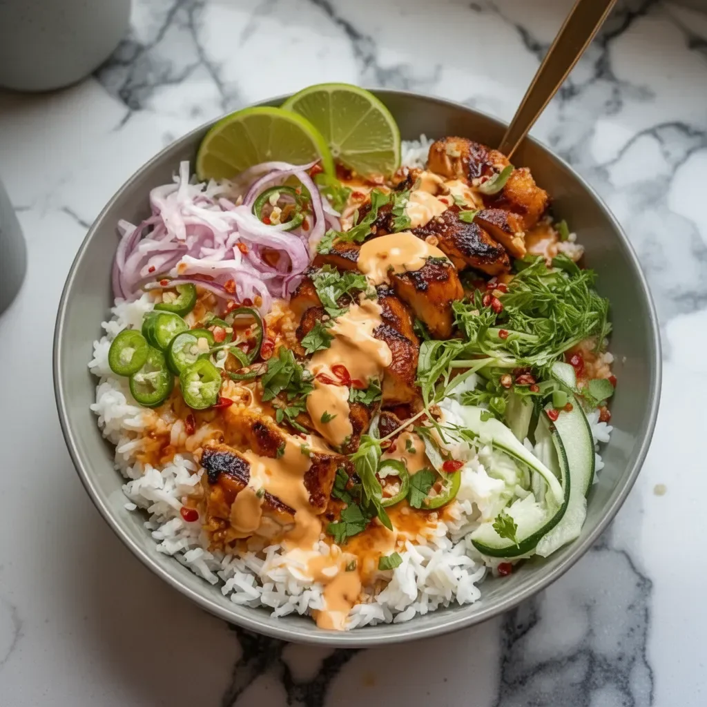 Delicious Sweet Chili Chicken Bowl topped with fresh veggies and sauce
