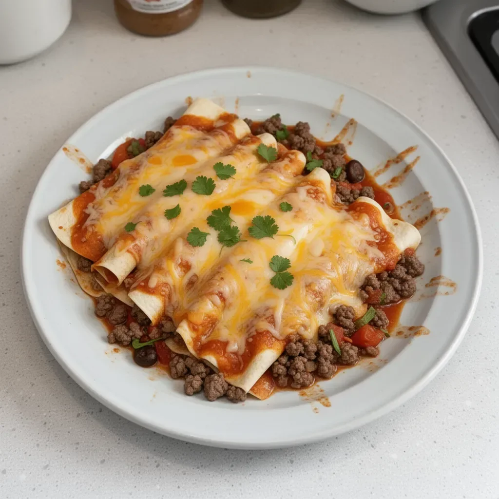 Delicious 5 ingredient beef enchiladas served on a plate with toppings