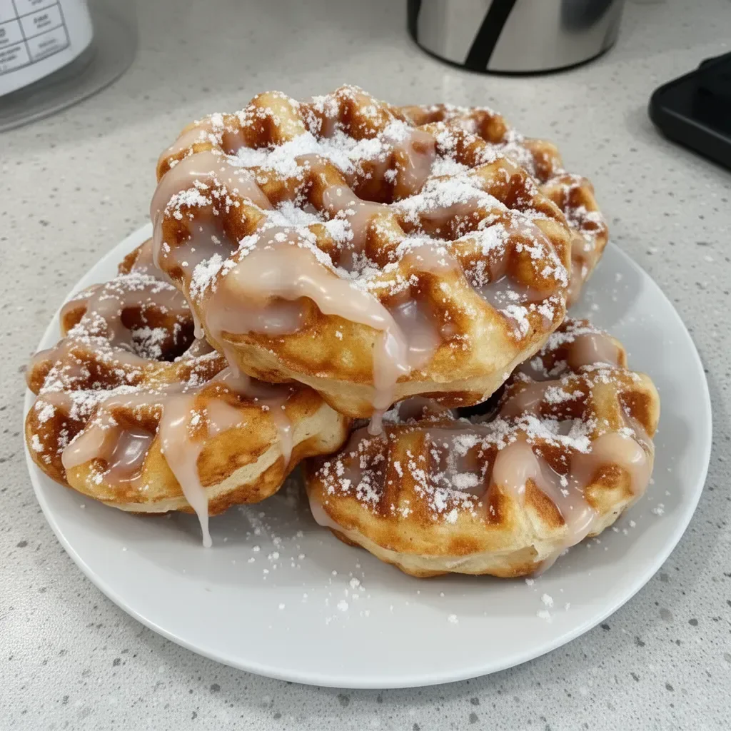 Delicious Apple Fritter Waffle Donuts served on a plate with a drizzle of icing.