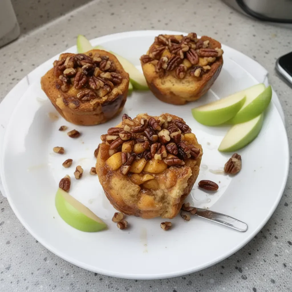 Delicious Apple Pecan French Toast Cups topped with nuts and apples