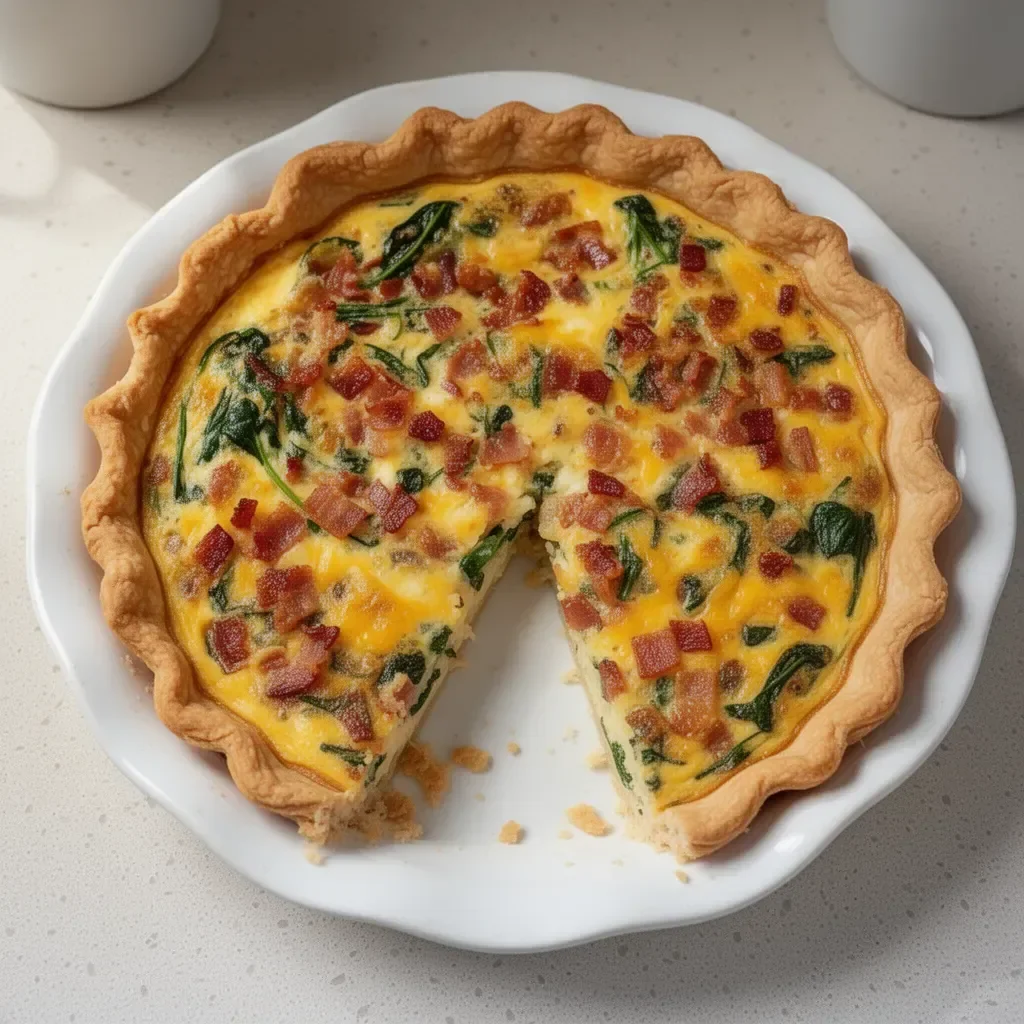 Bacon and Cheddar Quiche with crispy bacon and melted cheese on a flaky crust