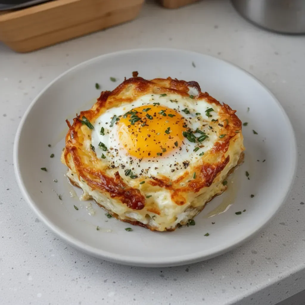 Baked Eggs Napoleon with layers of cheese and vegetables served in a dish