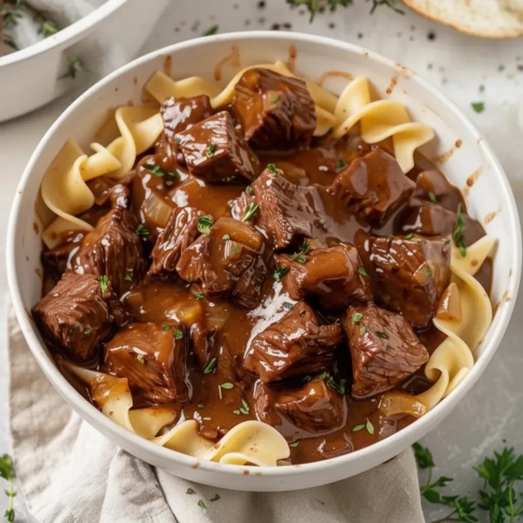 Delicious beef and noodles served in a bowl with fresh herbs
