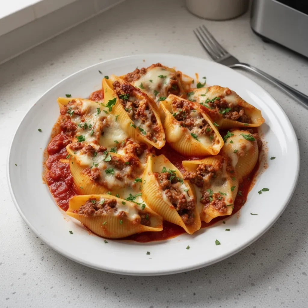 Delicious beef stuffed shells topped with melted cheese in a baking dish.