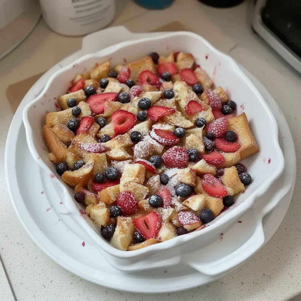 Delicious Berry French Toast Casserole Bake topped with fresh berries.