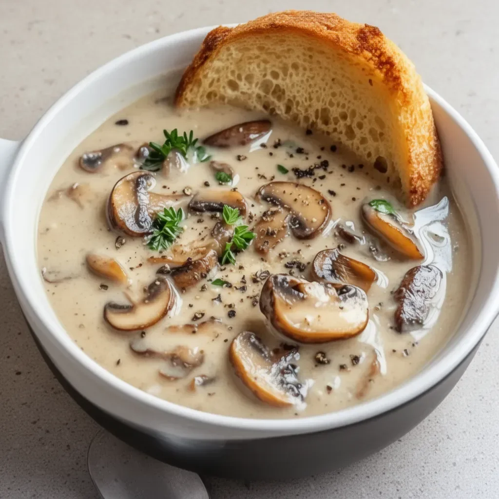 Bowl of creamy mushroom soup garnished with fresh herbs and served with bread.