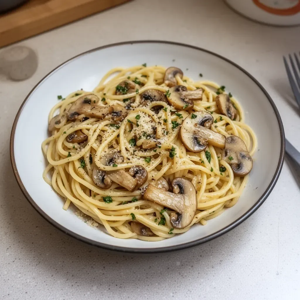 Bowl of mushroom garlic spaghetti topped with fresh parsley