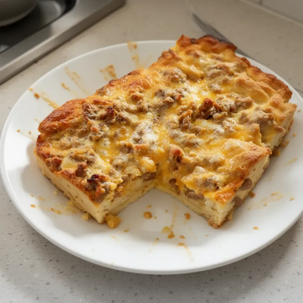 Delicious Biscuit Breakfast Casserole served warm with eggs and cheese