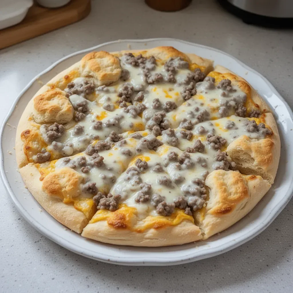 Biscuits and sausage gravy breakfast pizza topped with cheese and herbs.