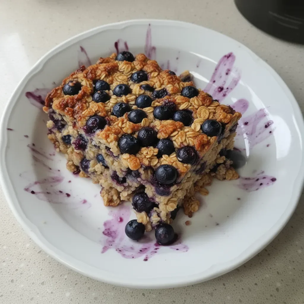 Delicious blueberry baked oatmeal served in a bowl with fresh berries on top.