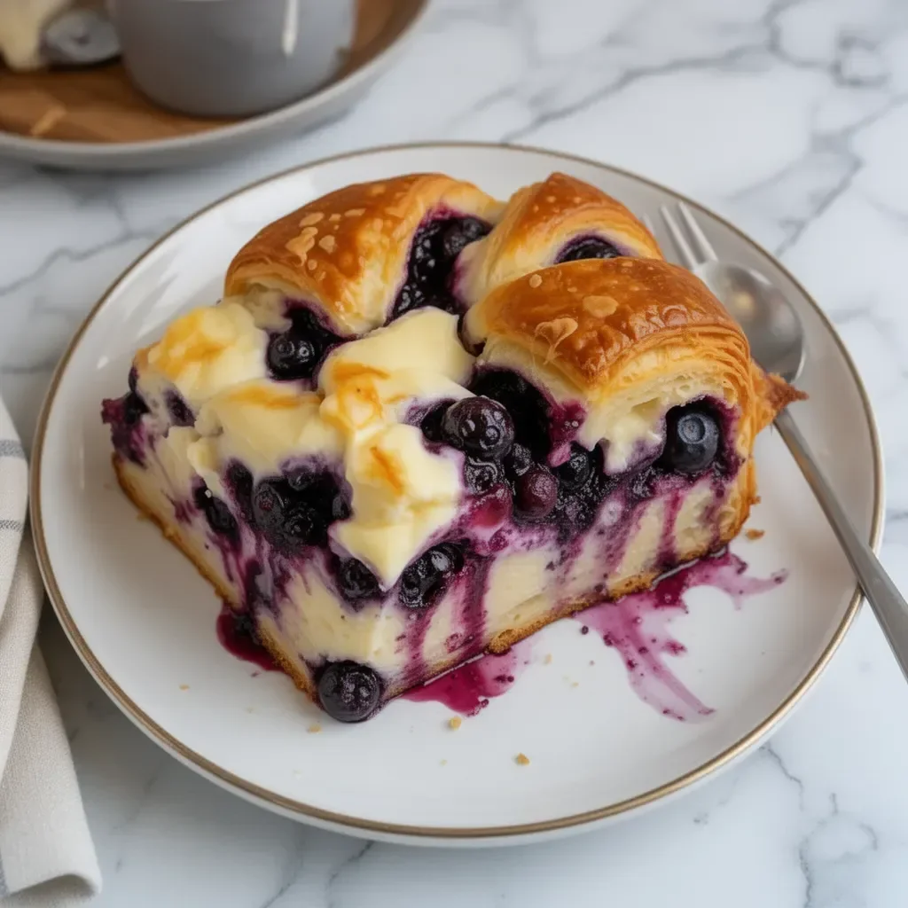 Blueberry cream cheese croissant casserole baked dish with fresh blueberries and croissants