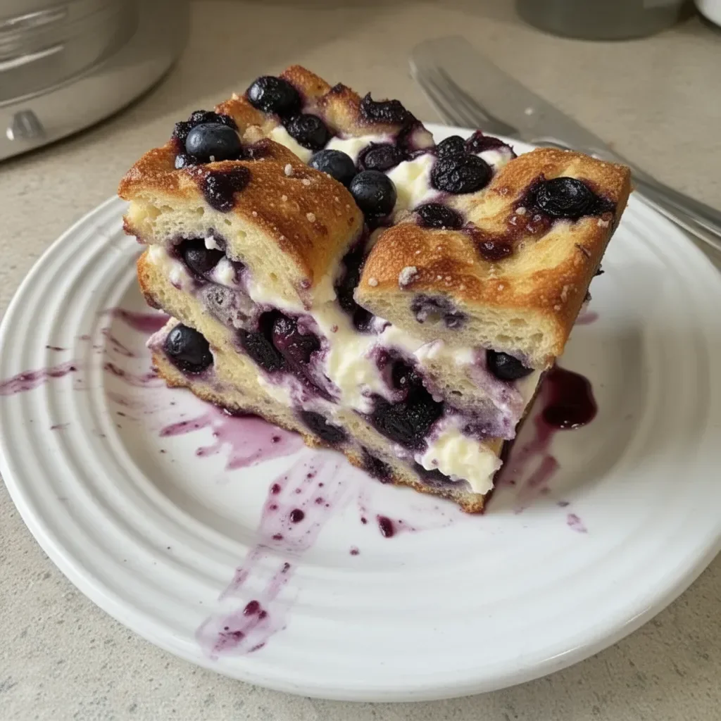 Blueberry Cream Cheese French Toast Casserole ready to serve in a baking dish.